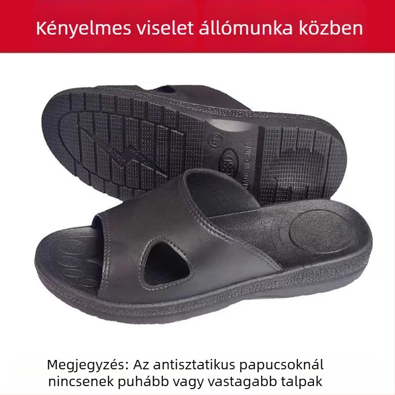Antisztatikus papucs PU vastag puha talppal, pormentes műhelyhez, ESD, csúszásmentes, fekete, uniszex