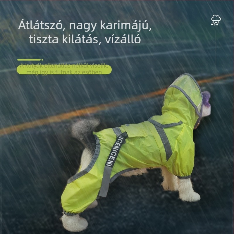 Kutyáknak szánt esőkabát nagy karimával, vízálló és fényvisszaverő részletekkel