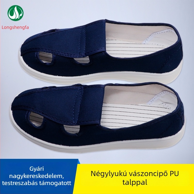 PU négylukas antistatikus vászoncipő, fehér és sötétkék, alacsony profilú, légáteresztő, csúszásmentes