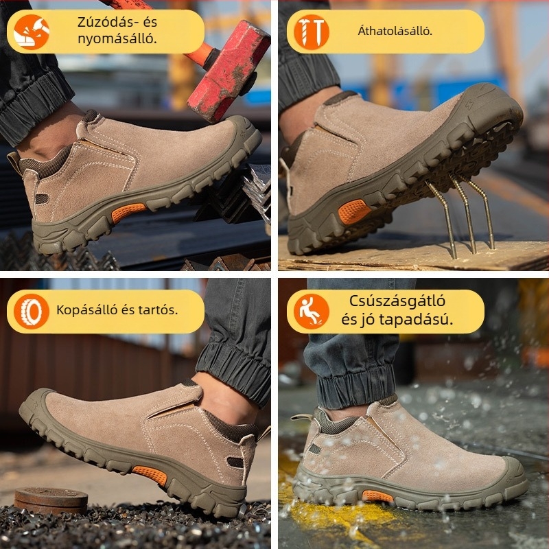 Acélorrú munkavédelmi cipő, ütés- és átszúrás elleni védelemmel, hegesztő, őszi slip-on, csúszásmentes és kopásálló