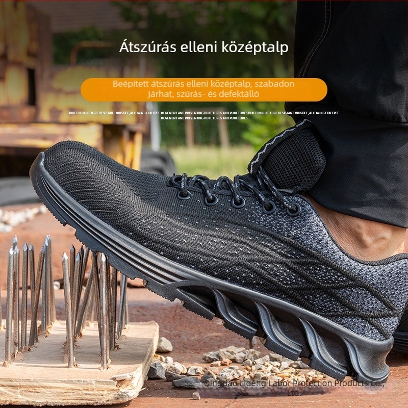 Férfi biztonsági munkacipő acél orral, kopásálló, ellenálló a perforációnak és a csapásoknak, Flyknit felsőrész, csúszásmentes talp