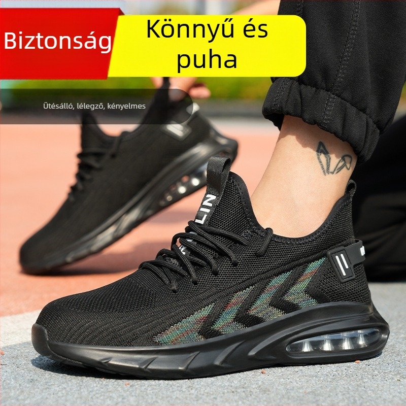 Férfi védőcipő acélorral a csúcsnál, Fly-Knit anyag — ütés- és áthatolás elleni védelem, kopásálló, csúszásmentes, egész éves munkacipő
