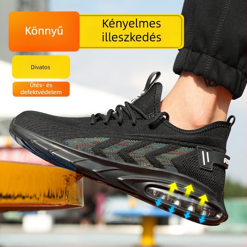 Férfi védőcipő acélorral a csúcsnál, Fly-Knit anyag — ütés- és áthatolás elleni védelem, kopásálló, csúszásmentes, egész éves munkacipő
