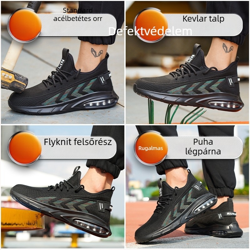 Férfi védőcipő acélorral a csúcsnál, Fly-Knit anyag — ütés- és áthatolás elleni védelem, kopásálló, csúszásmentes, egész éves munkacipő
