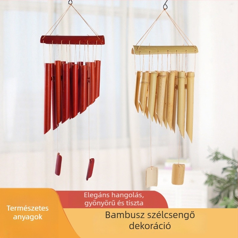Fa szélcsengő bambuszcsővel, hosszú kültéri dekoráció, ókori stílusban