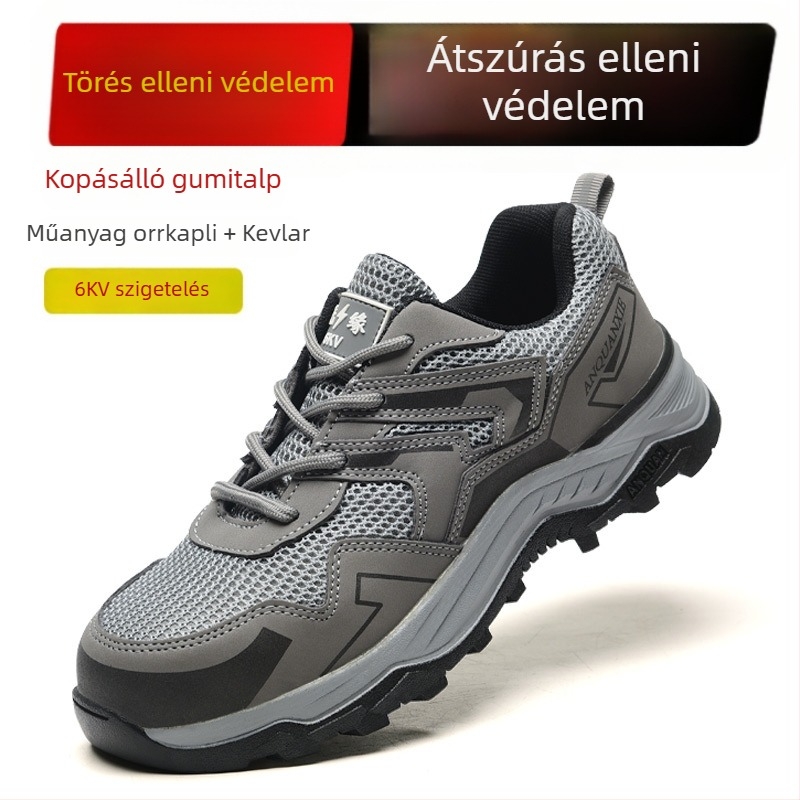 Uniszex munkavédelmi cipő tavasz-nyárra, légáteresztő műanyag orrvédővel, ütés- és átszúrás elleni védelem, kopásálló, 6 kV szigetelés