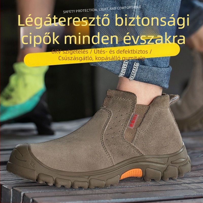 Acélbetétes, szigetelt védőcipő, lélegző nubuk bőr felsővel, gumírozott talppal, slip-on kivitel, négy évszakos munkavédelmi lábbeli