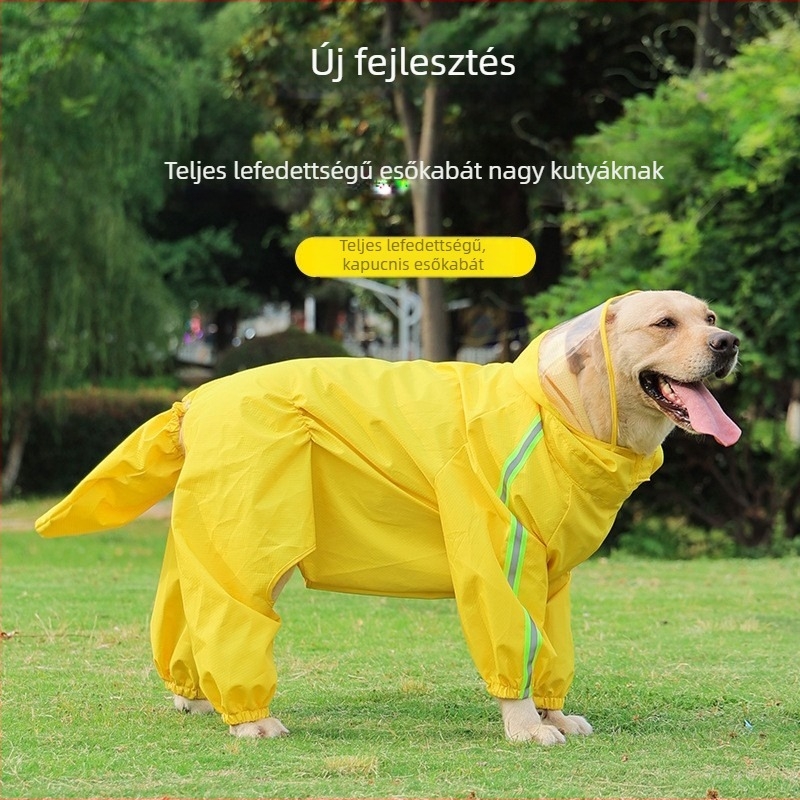 Vízálló kapucnis esőkabát nagytestű kutyák számára, teljes testfedés, hasvédő, négylábú kialakítás (Labrador / Golden Retriever)