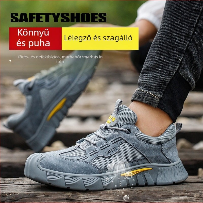 Férfi munkavédelmi cipő ütés- és perforáció elleni védelemmel, 6 kV-os szigetelés, nyári légáteresztés, könnyű, biztonságos, velúr bőrből