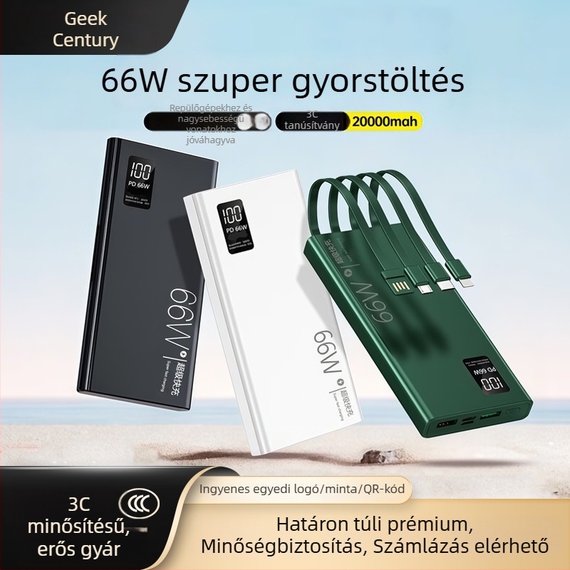 Power Bank 3C tanúsítvánnyal, gyorstöltés, beépített kábel, 20 000 mAh kapacitás, testreszabható