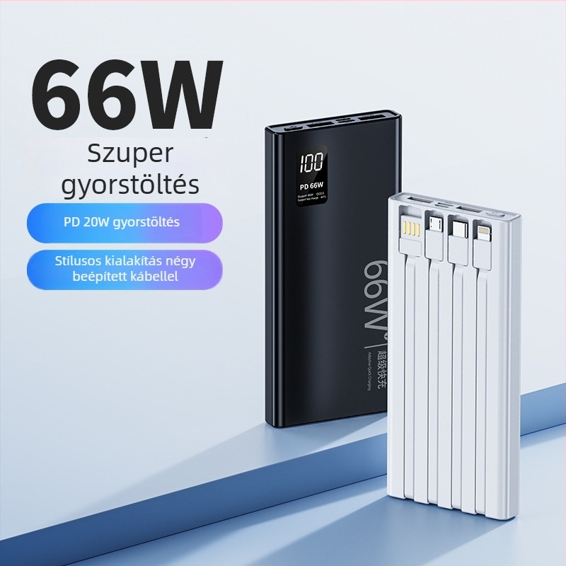 Power Bank 3C tanúsítvánnyal, gyorstöltés, beépített kábel, 20 000 mAh kapacitás, testreszabható
