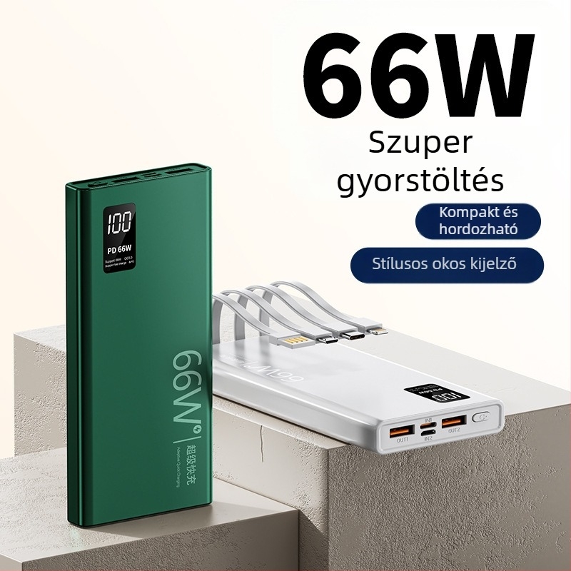 Power Bank 3C tanúsítvánnyal, gyorstöltés, beépített kábel, 20 000 mAh kapacitás, testreszabható