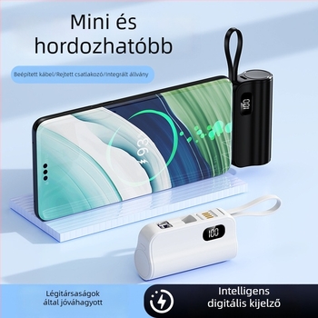 KC-tanúsított mini kapszula power bank 5000mAh beépített kábellel, hordozható logóval testre szabható