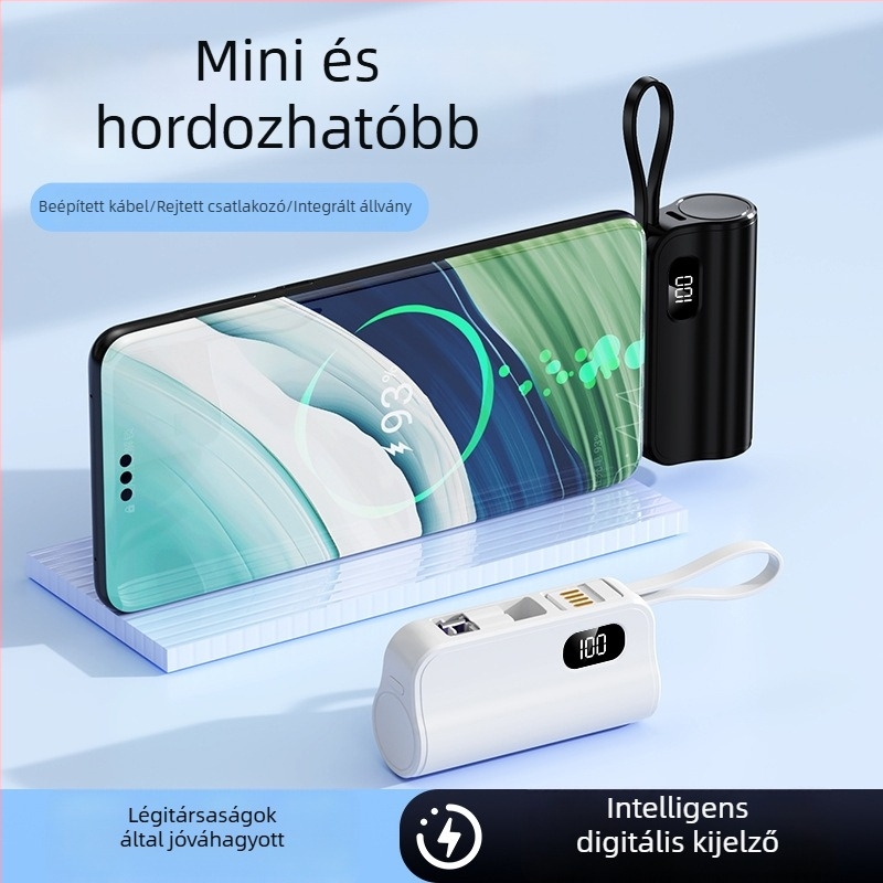 KC-tanúsított mini kapszula power bank 5000mAh beépített kábellel, hordozható logóval testre szabható