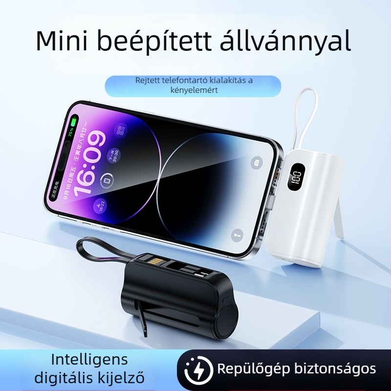KC-tanúsított mini kapszula power bank 5000mAh beépített kábellel, hordozható logóval testre szabható