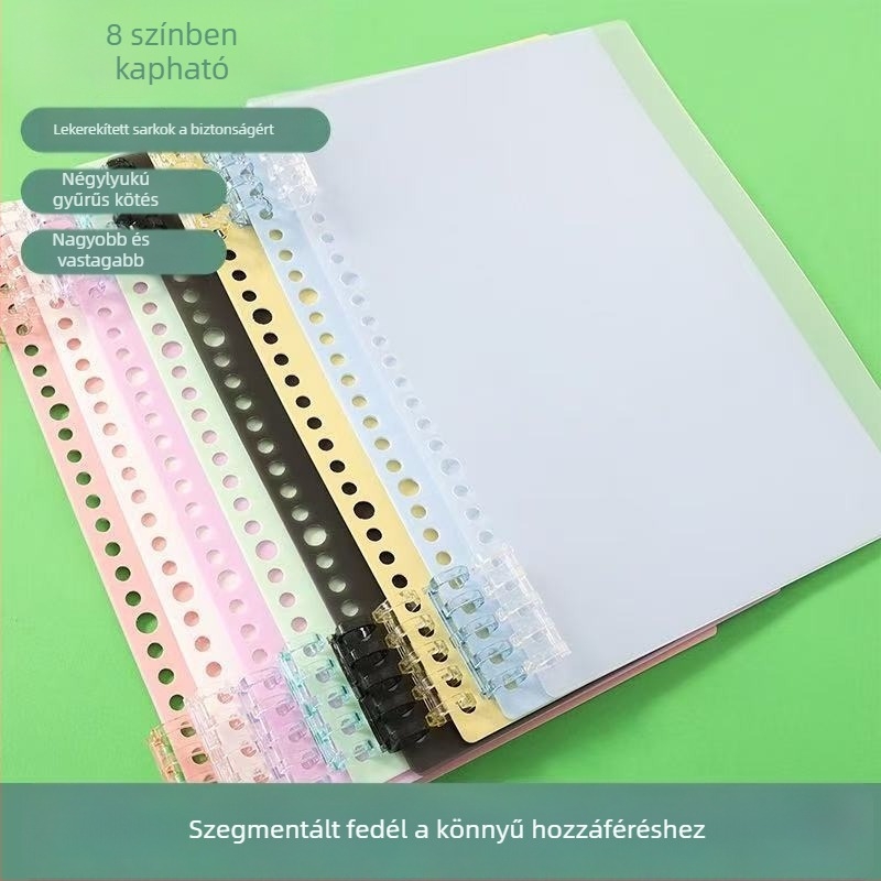 Puha műanyag notesztok A4–B5–A5 méretekhez, gyűrűs és spirál kötésű, perforált oldalakkal