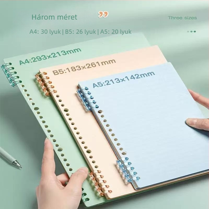 Puha műanyag notesztok A4–B5–A5 méretekhez, gyűrűs és spirál kötésű, perforált oldalakkal