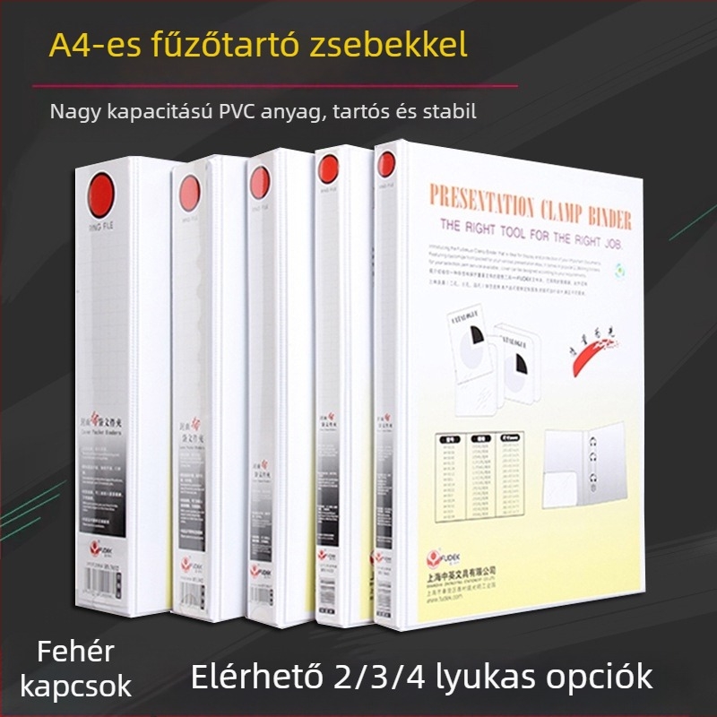 A4-es PVC irattartó háromoldalas betéttel, 4-es és 2-es lyukú gyűrűs rendszerrel, fehér borító