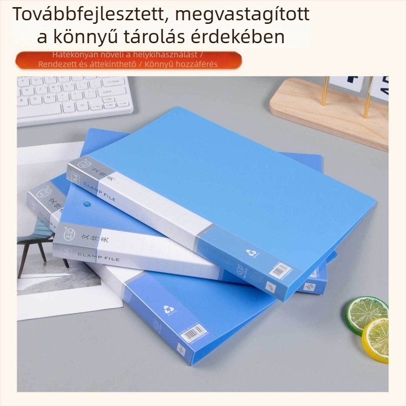 Vastagított iroda dokumentum mappa kék betétoldalakkal a fájlok tárolására, alkalmas egyetemi dolgozatokhoz.