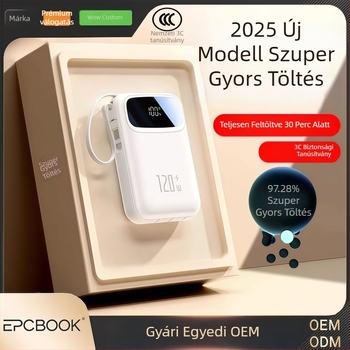 Epcbook 3C-s tanúsított power bank, 20000 mAh, kompakt, beépített kábellel, PD 2.0 gyorstöltés, több USB-kimenet