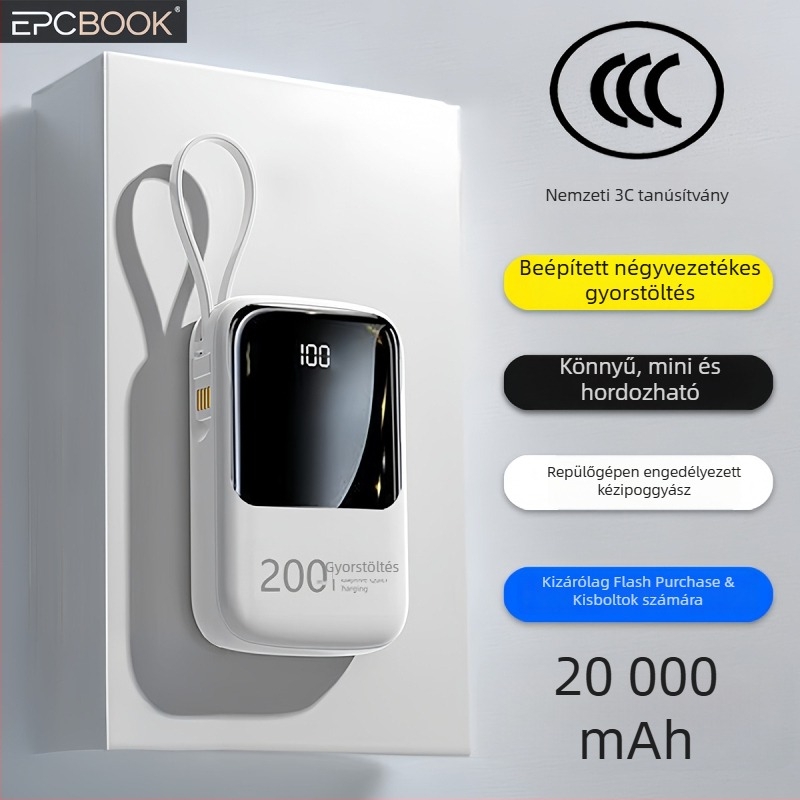 Epcbook 3C-s tanúsított power bank, 20000 mAh, kompakt, beépített kábellel, PD 2.0 gyorstöltés, több USB-kimenet