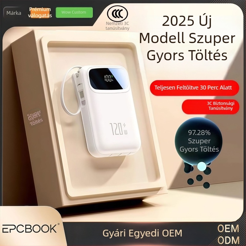 Epcbook 3C-s tanúsított power bank, 20000 mAh, kompakt, beépített kábellel, PD 2.0 gyorstöltés, több USB-kimenet