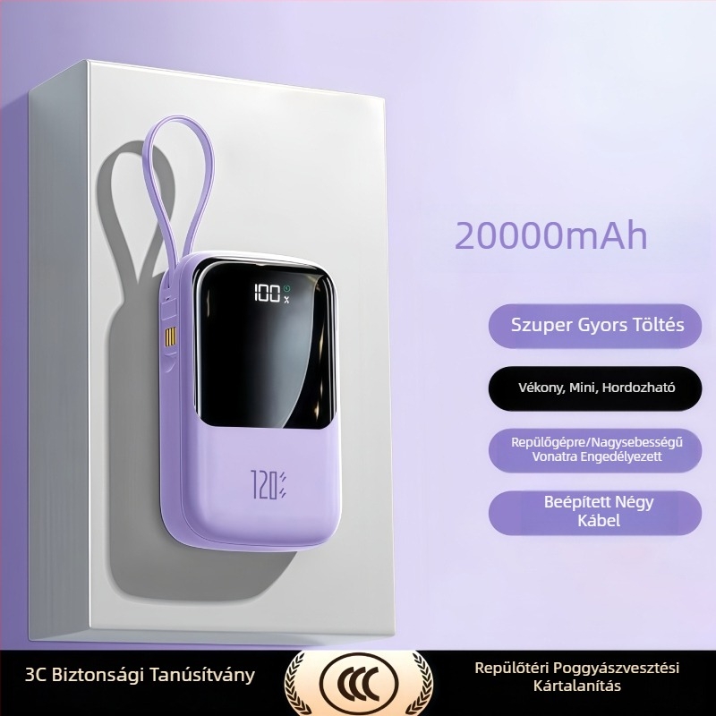 Epcbook 3C-s tanúsított power bank, 20000 mAh, kompakt, beépített kábellel, PD 2.0 gyorstöltés, több USB-kimenet