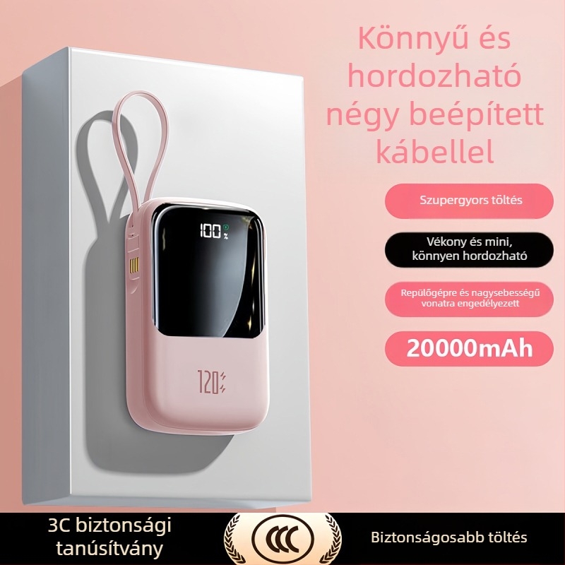 Epcbook 3C-s tanúsított power bank, 20000 mAh, kompakt, beépített kábellel, PD 2.0 gyorstöltés, több USB-kimenet
