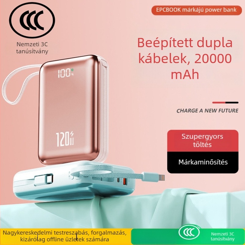 Epcbook 3C-s tanúsított power bank, 20000 mAh, kompakt, beépített kábellel, PD 2.0 gyorstöltés, több USB-kimenet