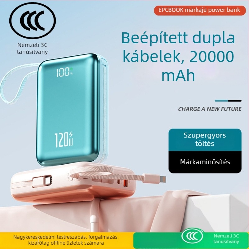 Epcbook 3C-s tanúsított power bank, 20000 mAh, kompakt, beépített kábellel, PD 2.0 gyorstöltés, több USB-kimenet