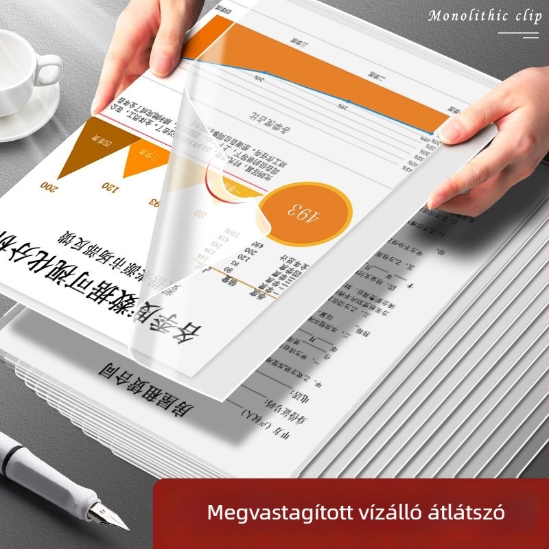 Megvastagodott A4-es L-formátumú mappa átlátszó vízálló betétzsebekkel, egyetlen csipesz, L-csipesz, kétoldalas dokumentumok rendezésére