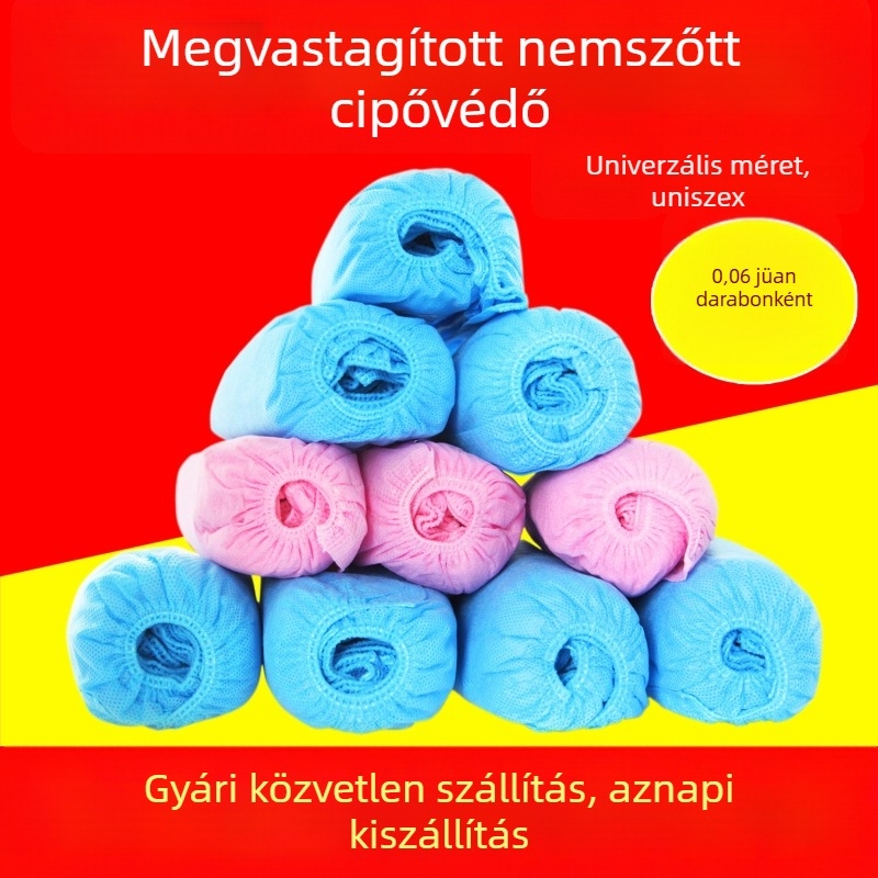 Egyszer használatos, vastag nem szőtt anyagból készült cipővédők, por- és csúszásvédő, kopásálló, 15x40 cm, 0,3 mm vastagság, logónyomtatás, testreszabható