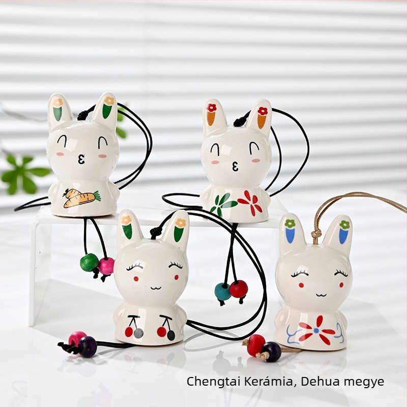 Aranyos nyúl szélcsengő, japán kerámia harangfüggő, zodiákus nyúl dísz, utazási szuvenír