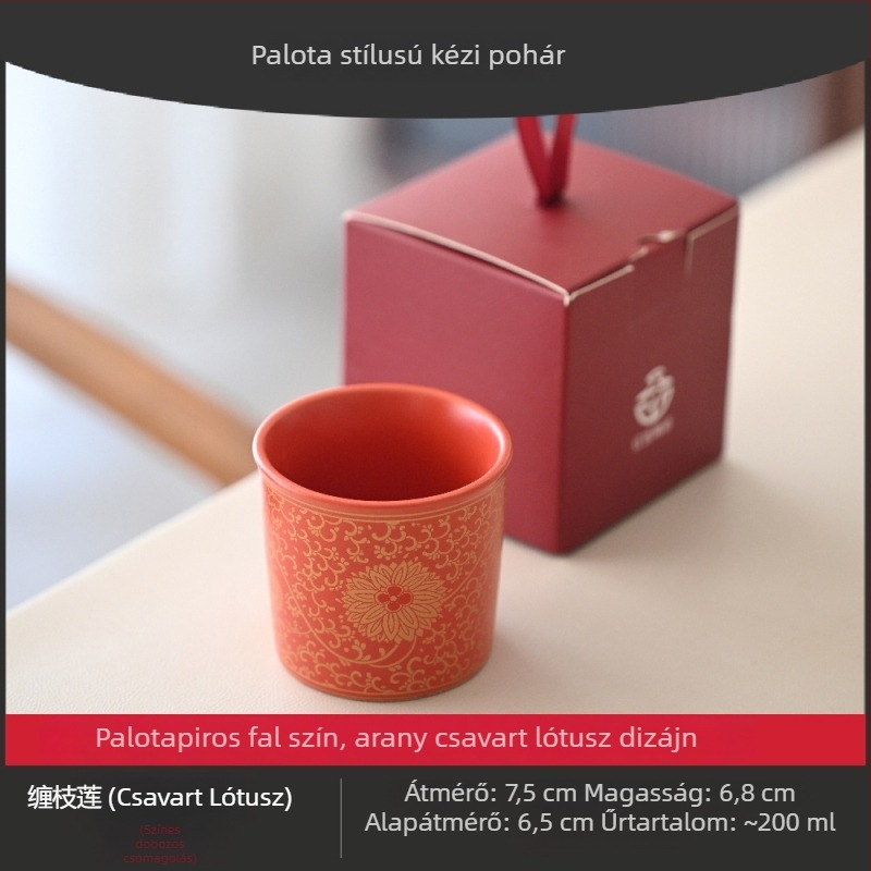 Piros ünnepi lótuszágakkal díszített, egyenes kerámia teáscsésze, nagy kapacitású, személyre szabott esküvői pohár