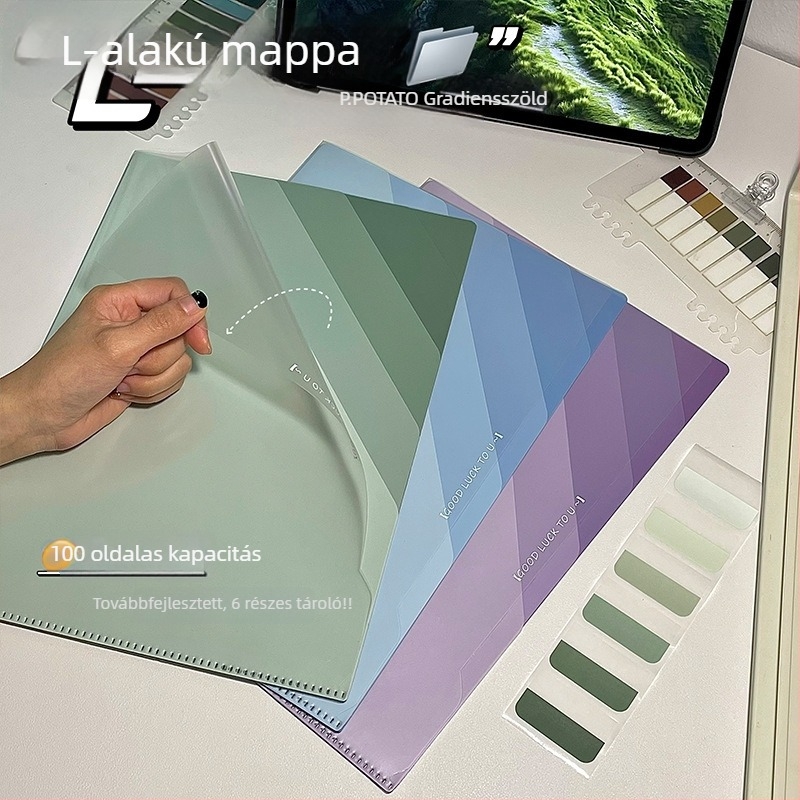 6 rekeszes A4-es méretű mappa, gradient színekben, L-alakú széles nyitású dokumentum rendszerező diákok számára