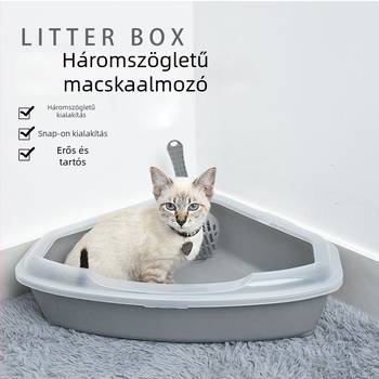 Háromszög alakú félig zárt macskaalom-tálca, nagy méretű, fröccsenés elleni és szagtalanító, kanállal