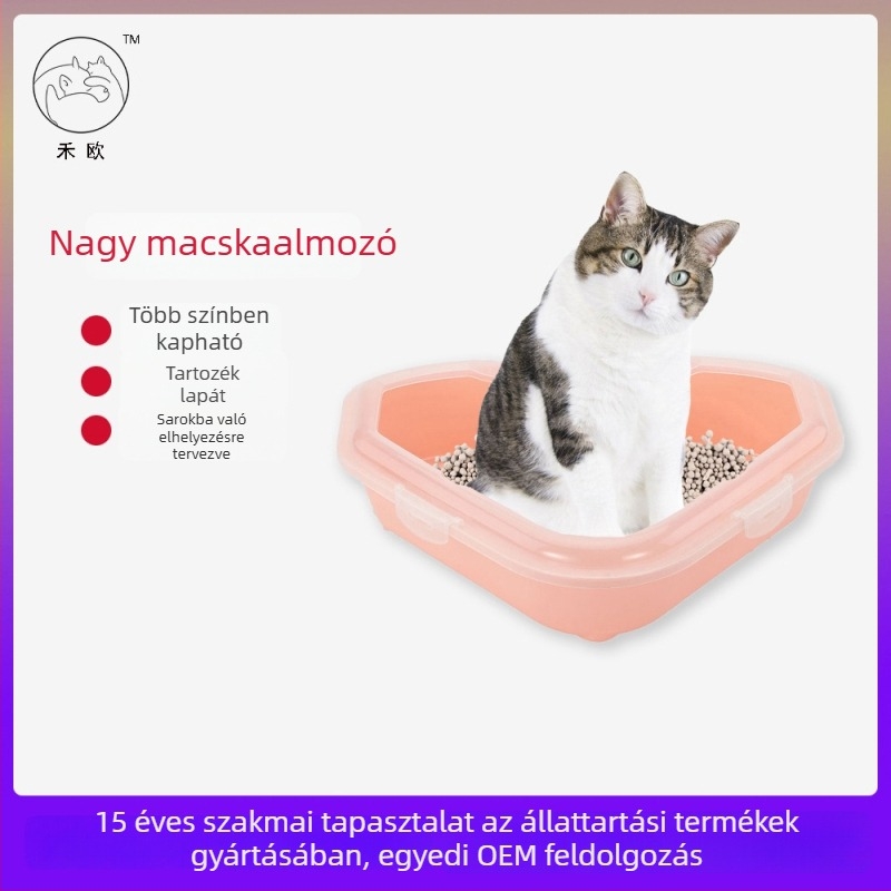 Háromszög alakú félig zárt macskaalom-tálca, nagy méretű, fröccsenés elleni és szagtalanító, kanállal