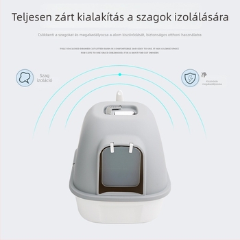 Zárt fiókos macskaalmás tálca, nagy méretű, fröccsenés elleni és szagellenőrző, ajtóval.