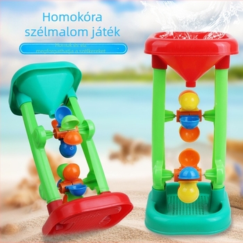 Gyerekeknek készült tengerparti játék: homokórás játék, vízkerék és gyöngyház homok