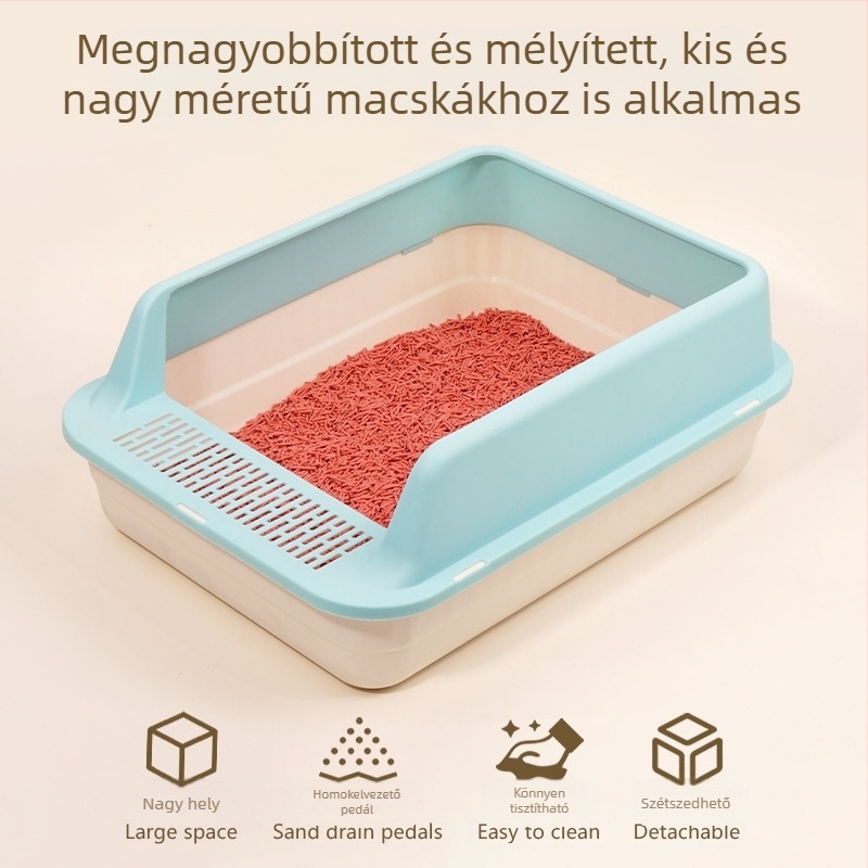 Nagy méretű műanyag macskaalom-tál, félzárt kivitel, anti-fröccsenés