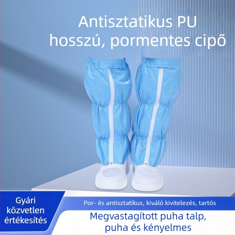 Antisztatikus PU hosszú csizma nyitott hálószövettel, pormentes, vastag talppal, kényelmes és tartós műhelycipő