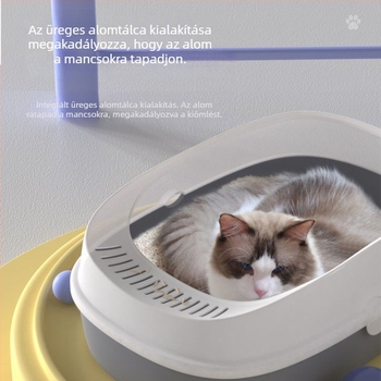 Nagyméretű macskaalomtálca fröccsenés elleni védelemmel, félig zárt kialakítású, a csomag tartalmaz macskaalomkanalat