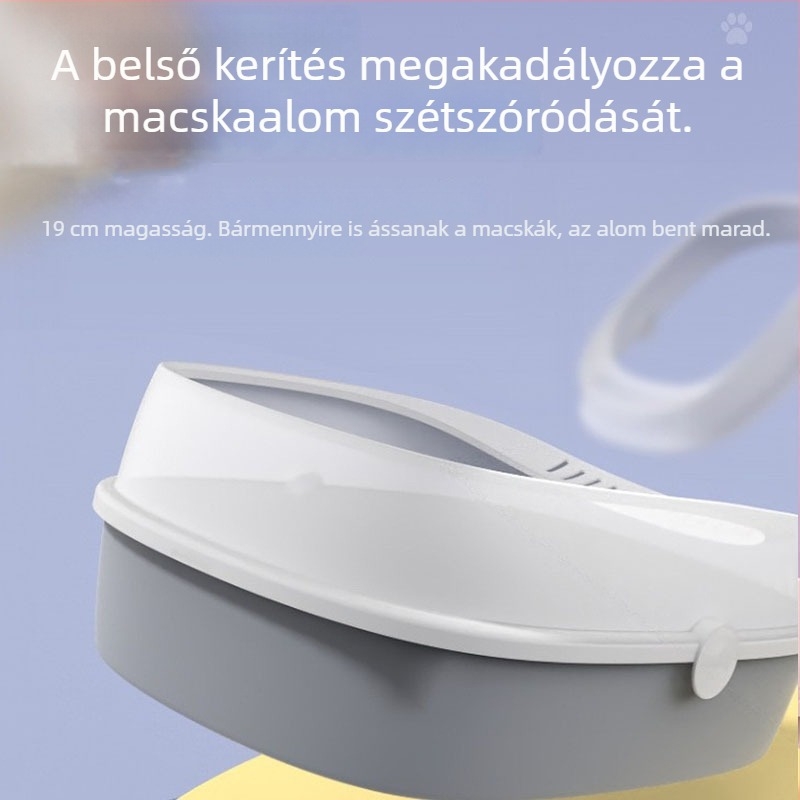 Nagyméretű macskaalomtálca fröccsenés elleni védelemmel, félig zárt kialakítású, a csomag tartalmaz macskaalomkanalat