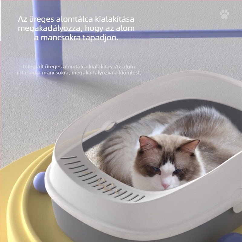 Nagyméretű macskaalomtálca fröccsenés elleni védelemmel, félig zárt kialakítású, a csomag tartalmaz macskaalomkanalat