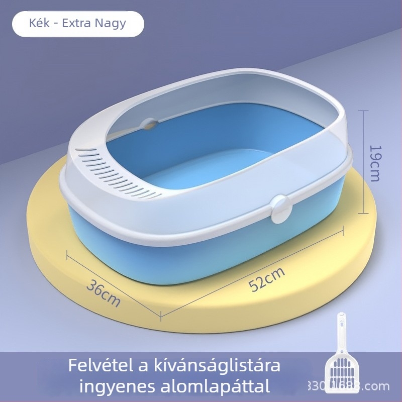 Nagyméretű macskaalomtálca fröccsenés elleni védelemmel, félig zárt kialakítású, a csomag tartalmaz macskaalomkanalat