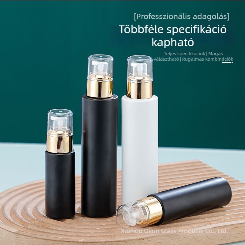 Fekete‑fehér üveg testápoló adagolóval, fényvédett zárással, próba- és mintadoboz kozmetikumokhoz, üres flakon nagykereskedelem