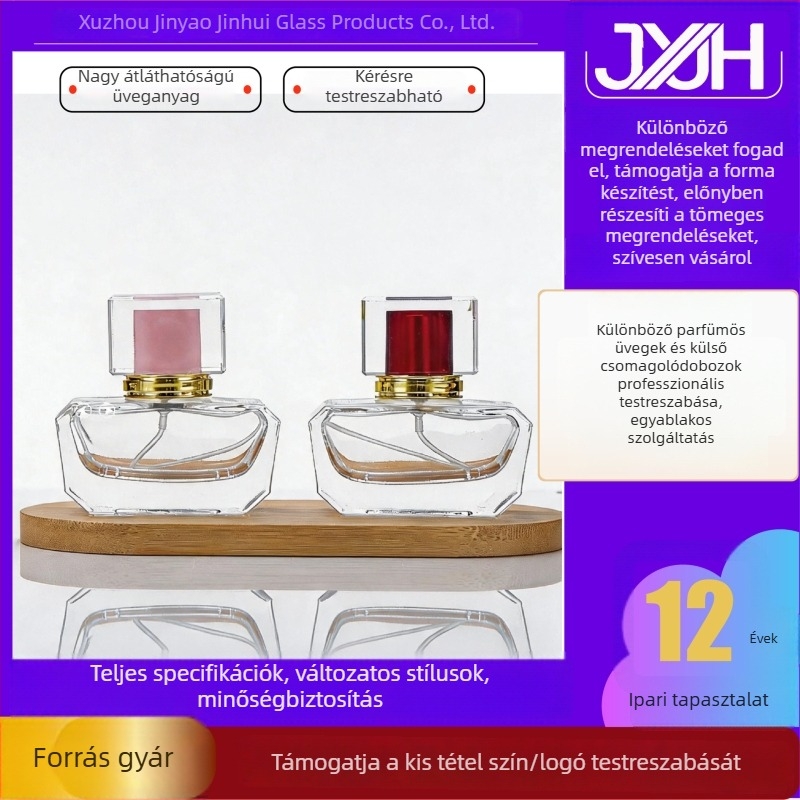 30 ml-es üres üveg parfümhöz, négyszögletes, vastag aljú, átlátszó kozmetikai csomagolóüveg pumpás permetezővel