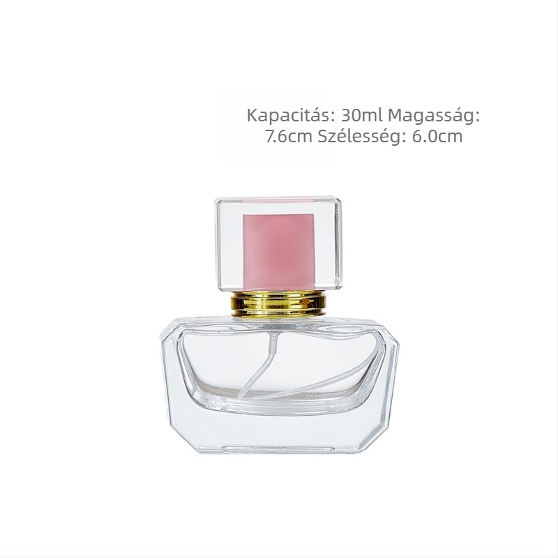 30 ml-es üres üveg parfümhöz, négyszögletes, vastag aljú, átlátszó kozmetikai csomagolóüveg pumpás permetezővel