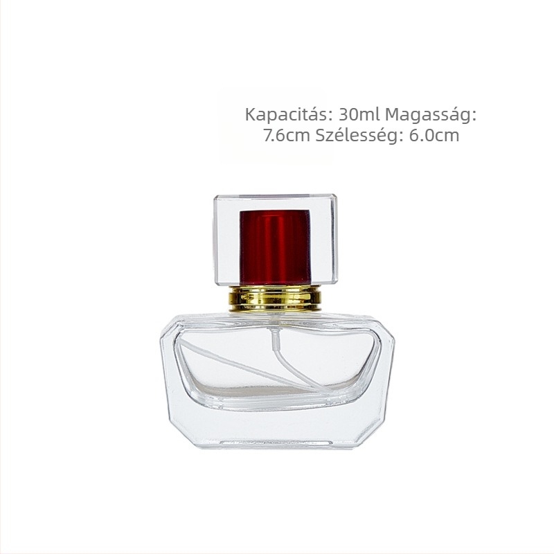 30 ml-es üres üveg parfümhöz, négyszögletes, vastag aljú, átlátszó kozmetikai csomagolóüveg pumpás permetezővel