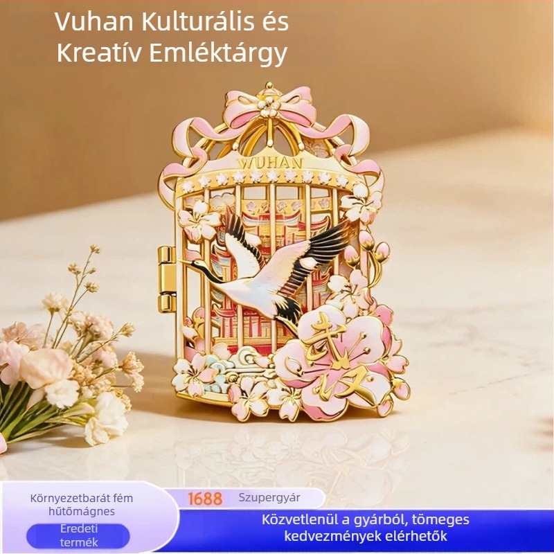 Hűtőmágnes zinkötvözetből, nyitható madárkalitkával, cseresznyefa virág motívummal, városi szuvenír